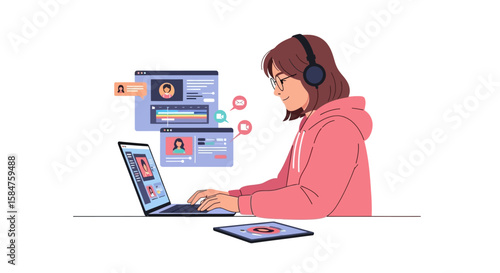 Young Woman Editing Video on Laptop with Headphones Smiling.