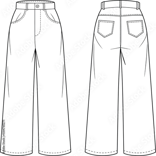 Fashion flat sketch of wide leg high waist pants front and back, CAD drawing, technical vector illustration for apparel design