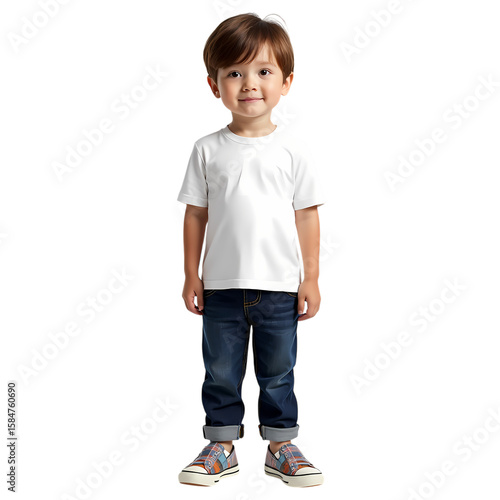 A young boy stands wearing a white shirt and blue shorts isolated on transparent background