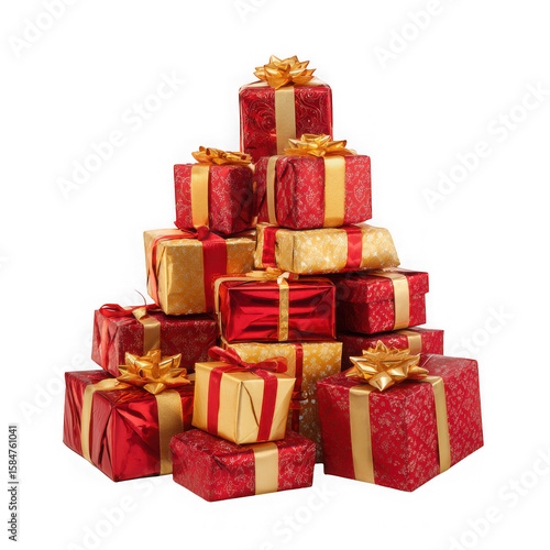 A pile of red and gold wrapped presents in the shape of a Christmas tree on white background