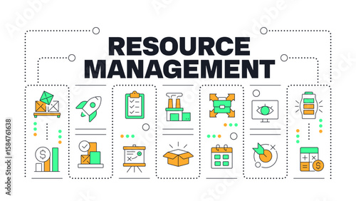 Resources management word concept isolated on white. Corporate capacity organization. Productivity. Creative illustration banner surrounded by editable line colorful icons. Hubot Sans font used