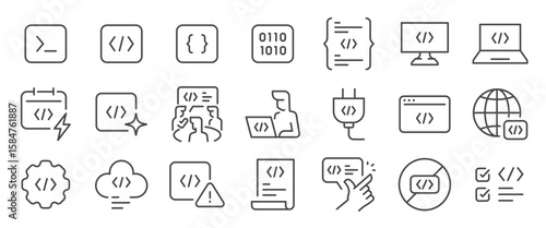 Code icon set. It included coding, programming, binary, developer, api, plugin, and more icons. Editable Vector Stroke.