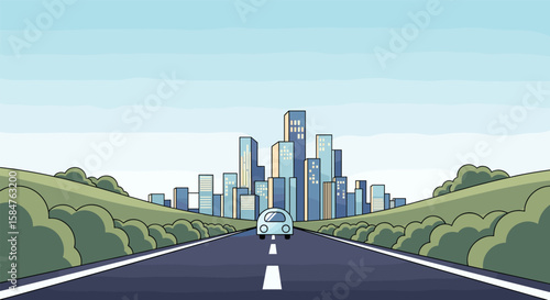 A lone white vehicle drives down a straight road towards a futuristic cityscape under a clear sky surrounded by green hills and trees