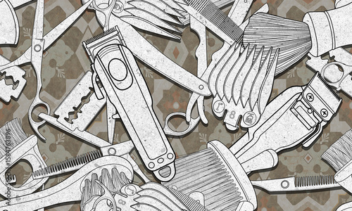 Wallpaper Mural Seamless barber tools pattern illustration mixed textured background and wallpaper design.	 Torontodigital.ca