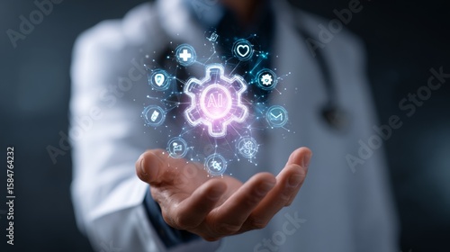Innovative healthcare illustrated with a doctor holding an AI-powered system in his palm showcasing medical technology.