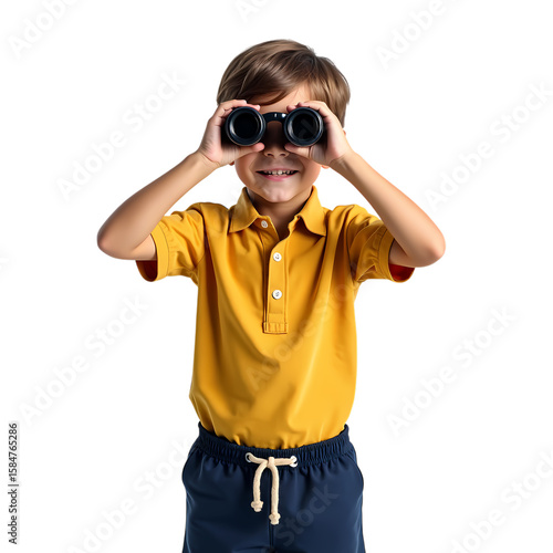 Cartoon boy looking through binoculars with a smile on isolated on transparent background