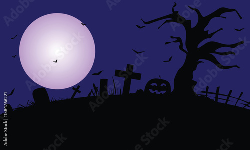 Halloween Background with Dark Silhouette Elements and Blue Night Sky