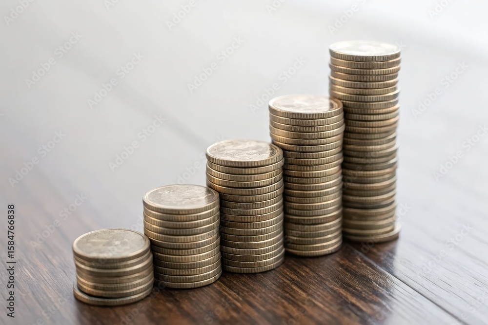 Stacks of coins on wood surface Stacks of coins on wood surface