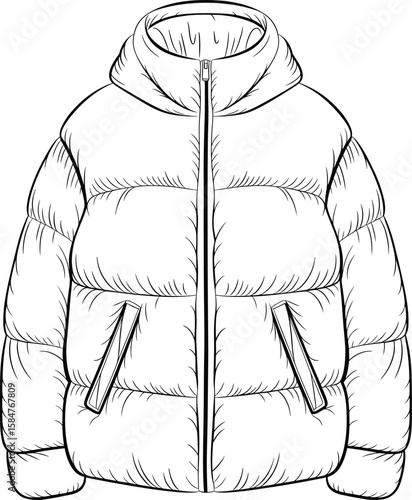 Front view technical flat sketch of hooded puffer winter jacket, vector CAD drawing for fashion design and garment production use
