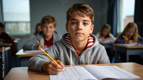 Wallpaper Mural Focused Young Student Engaged in Classroom Learning Activity with Peers, Reflecting Concentration and Dedication to Academic Success Torontodigital.ca