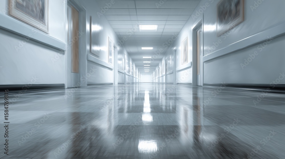 Fototapeta premium A long, empty hospital corridor with glossy floors, soft lighting, and framed artwork on the walls.