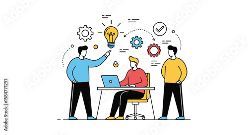 Illustrating a Collaborative Team Working on a New Business Project with Innovative Ideas and Task Management Systems