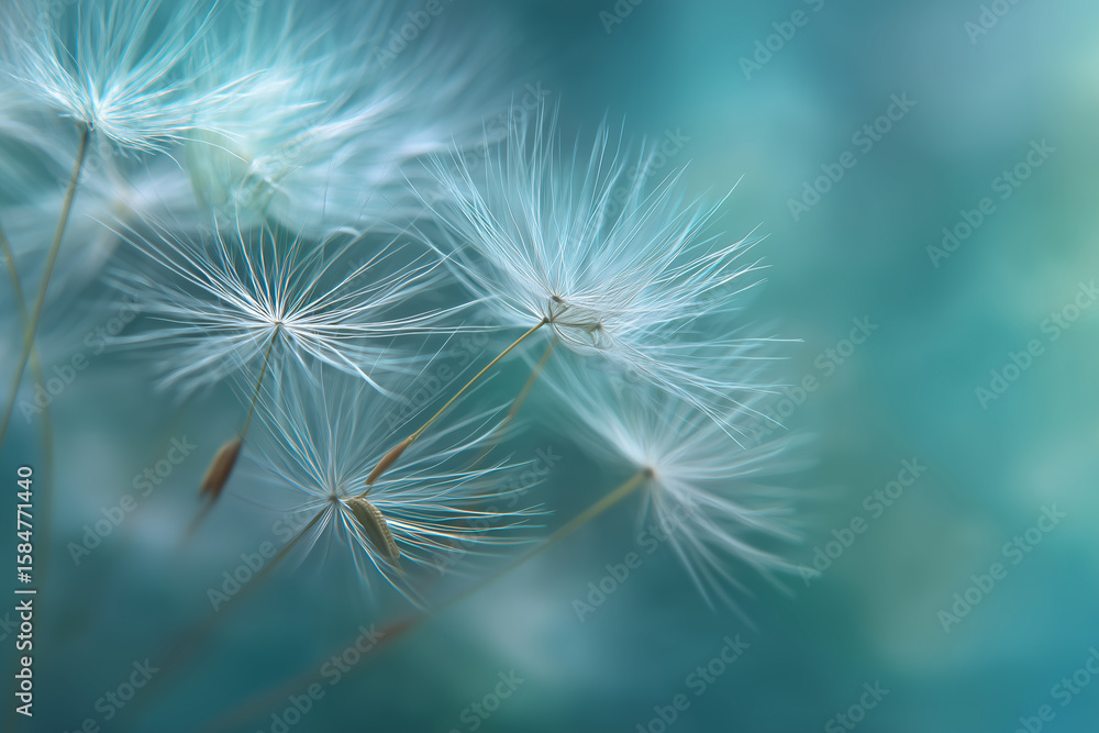 Fototapeta premium Delicate white dandelion seeds floating on teal background