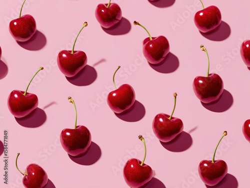 Minimalist Cherry Seamless Pattern on Pink Background with Symmetrical Composition and Soft Lighting