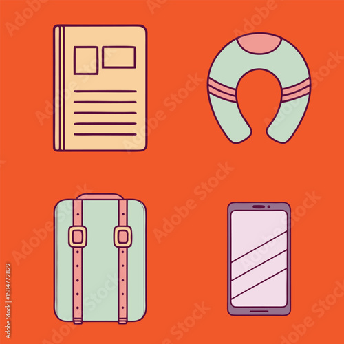 Flat lay illustration of travel essentials including suitcase, phone, and book