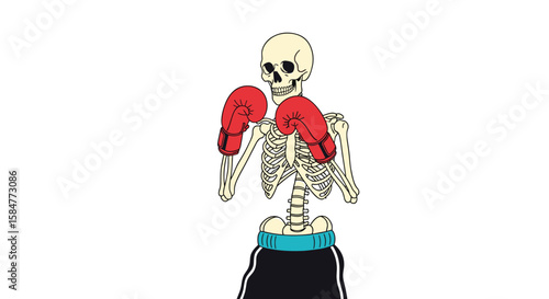 A skeletal fighter with red boxing gloves prepares for a match wearing blue shorts on a white background