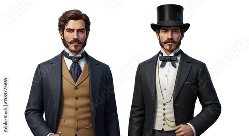 Elegant gentlemen portraits showcase vintage fashion against a transparent background, embodying classic style and timeless sophistication in formal attire.
