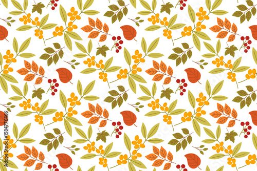 Vector illustration of seamless pattern featuring autumn leaves and berries in orange, yellow, and green shades. Perfect for seasonal designs, textiles, and backgrounds.