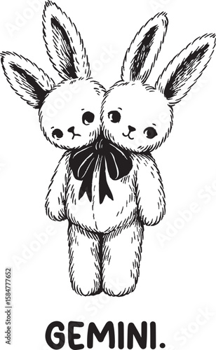 Vintage-style black and white illustration of a two-headed bunny with a bow, symbolizing the Gemini zodiac sign.