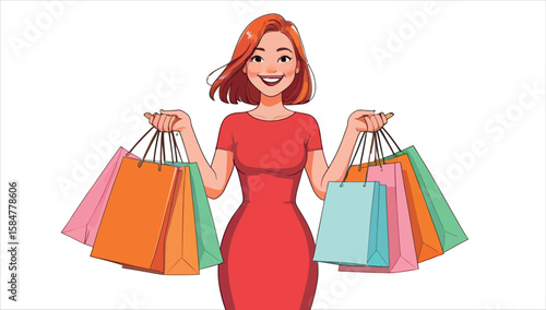 Smiling woman joyfully holding diverse shopping bags, a happy customer embracing fashion and the thrill of a good sale