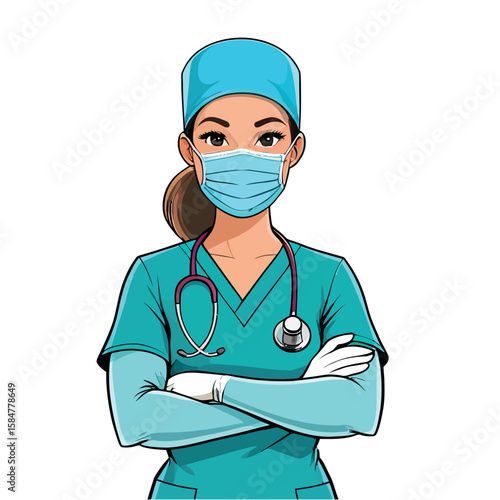 Young professional woman doctor in scrubs with a stethoscope, ready for surgery in a hospital clinic