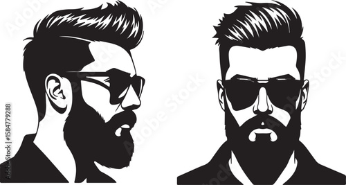 Male Hairstyle and Fashion Illustration – Front and Side Profile Views with Styled Hair and Collared Shirt