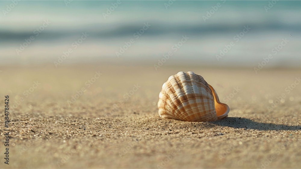 A lone seashell rests on the sun-kissed sand of a tropical beach, touched by ocean waves under a summer sky A lone seashell rests on the sun-kissed sand of a tropical beach, touched by ocean waves under a summer sky
