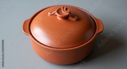Brown earthenware cooking pot with lid on gray neutral background