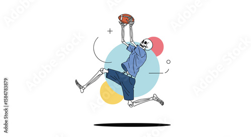 Dynamic Athlete in Mid Air Captures the Thrill of a Basketball Game with Energetic Movements and Colorful Abstract Shapes