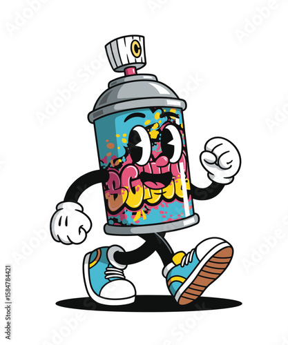 Vibrant Cartoon Spray Can Character Walking Urban Art Vector Design Illustration