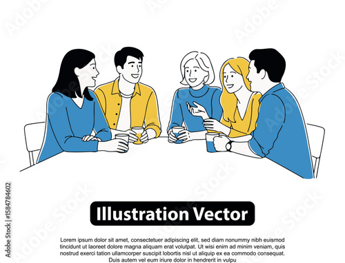 A group of five people are sitting around a table, talking and drinking coffee in a casual setting, depicted in a line art style.