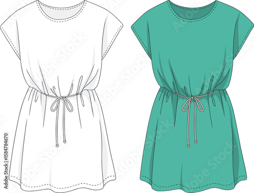 Casual tunic dress flat sketch, drawstring waist fashion CAD, cap sleeve vector template, women’s apparel design, technical illustration