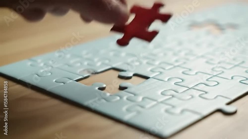Partially completed jigsaw puzzle featuring mostly blue pieces, with one contrasting red piece partially fitted into the puzzle