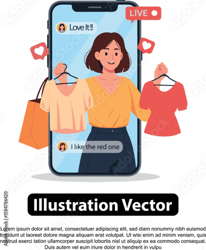 A woman displays clothing items on a smartphone screen, showcasing online shopping and social media interaction.