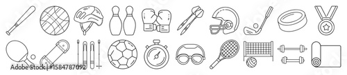Diverse Sports and Athletic Equipment Outline Vector Icon Set