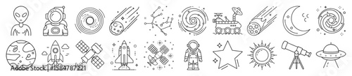 Outer Space, Astronomy, and Sci-Fi Outline Vector Icon Set
