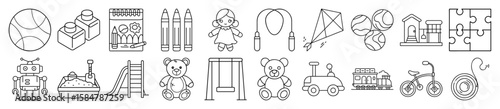 Playful Children's Toys and Playground Equipment Outline Vector Icon Set