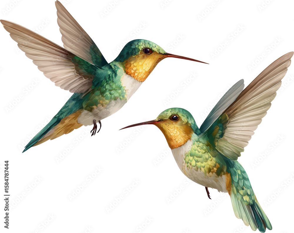 Fototapeta premium Two beautiful iridescent hummingbirds with green and gold feathers flying isolated on transparent background