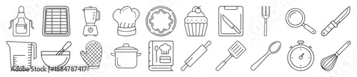 Complete Kitchen Cooking and Baking Outline Vector Icon Set with Utensils