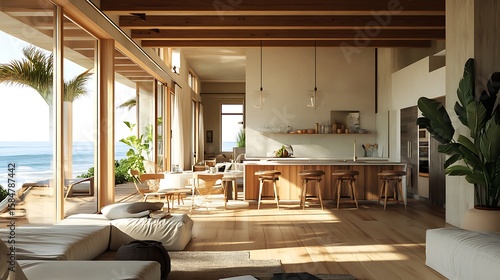 Luxury beach house interior design with ocean view and open floor plan living and kitchen area