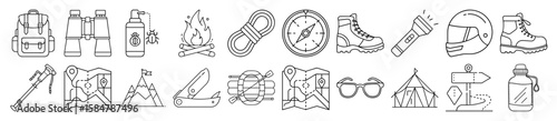 Outdoor Adventure and Camping Gear Outline Vector Icon Set