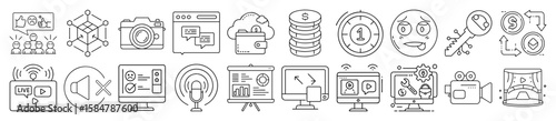 Digital Content, Media Streaming, and Online Communication Outline Vector Icon Set - representing digital content, media streaming, online communication, and modern technology