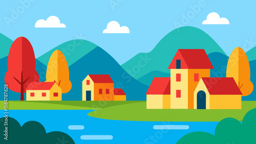 Wallpaper Mural Lakefront Village with Red Roof Houses Torontodigital.ca