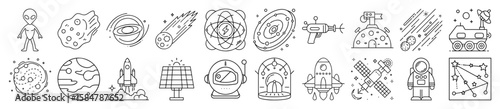 Space Exploration, Alien Life, and Cosmic Phenomena Outline Vector Icon Set - representing space exploration, alien life, celestial phenomena, and futuristic cosmic travel