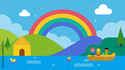 rainbow kids lakeside fantasy cartoon village fun