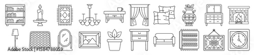 Bedroom Furniture, Decor, and Home Essentials Outline Vector Icon Set - representing various furniture pieces, decor, and essential items for a home bedroom