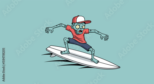 This Zombie is Surfing the Waves of the Ocean with Style and Determination While Riding a White Surfboard on a Sunny Day