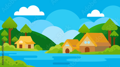 serene lakeside thatched village