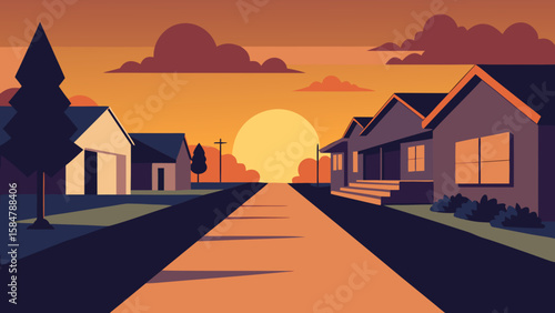 sunset suburban neighborhood long shadows