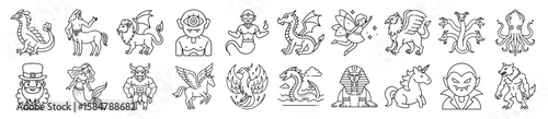 Diverse Mythological Creatures and Fantasy Beasts Outline Vector Icon Set